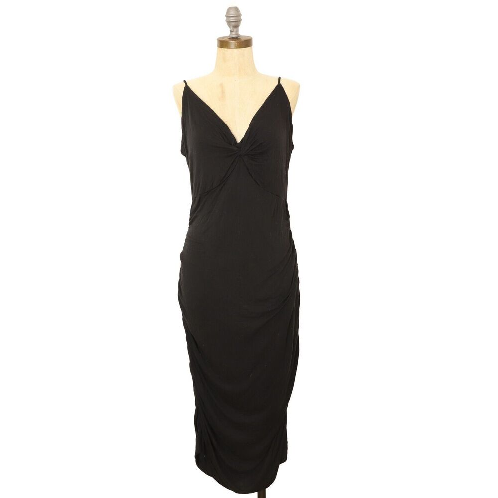 FOREVER THAT GIRL Anthropologie Gathered Ruched Midi Dress M Black Knit EUC B52